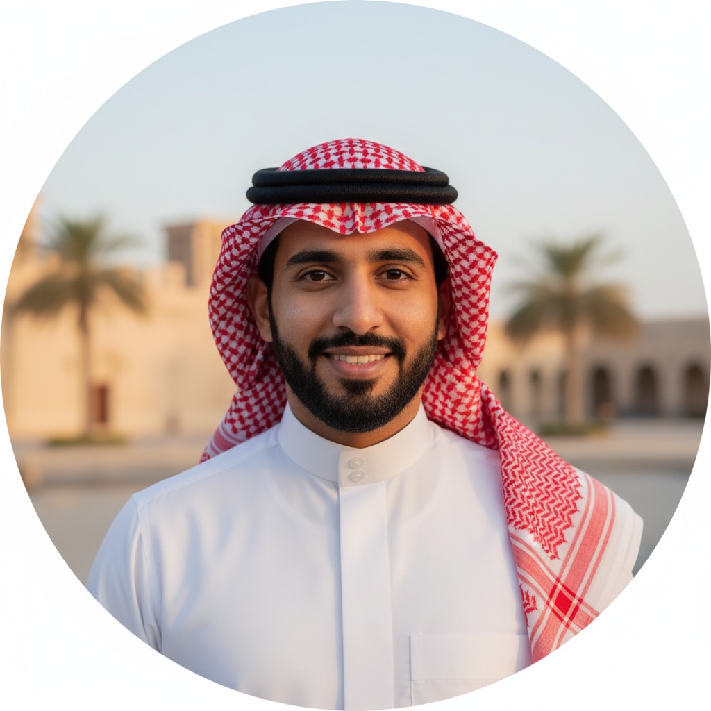 avatar_on_about رجل عربي يرتدي الثوب الأبيض والشماغ الأحمر في بيئة خارجية تقليدية.